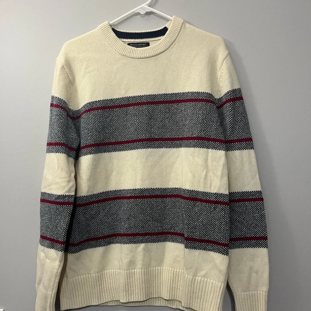 Men's Cream and Gray Striped Sweater
